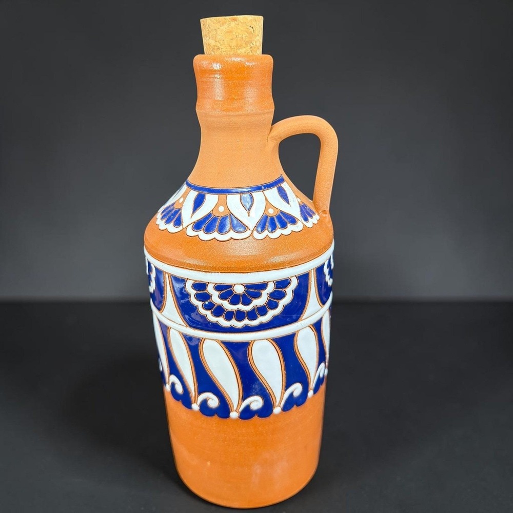 Savvas Rhodes Greek Terracotta Pottery Decanter Blue White Hand Painted 10in